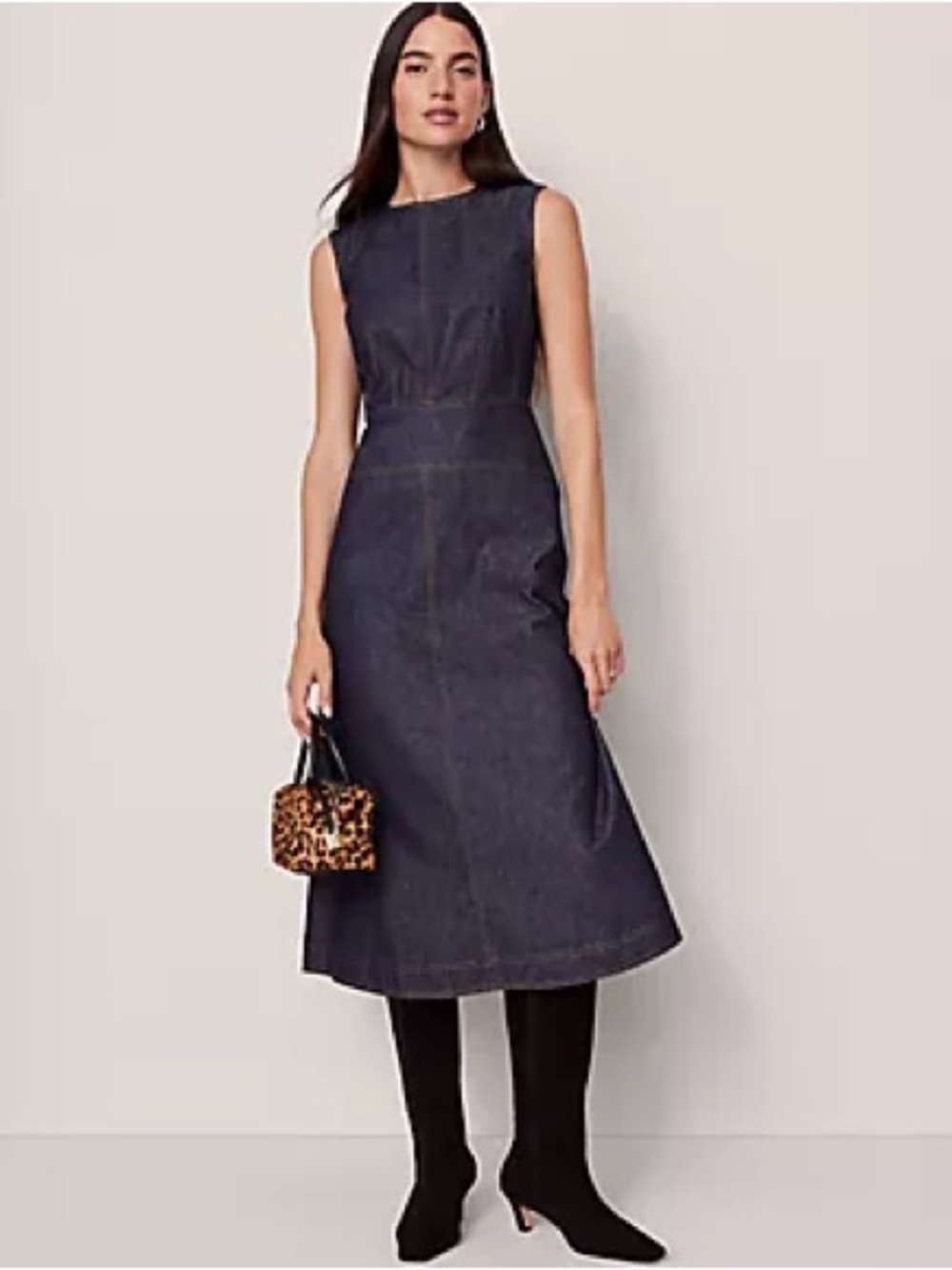 NWT ANN TAYLOR weekend SIZE 6 dark navy midi dress denim flare crew neck